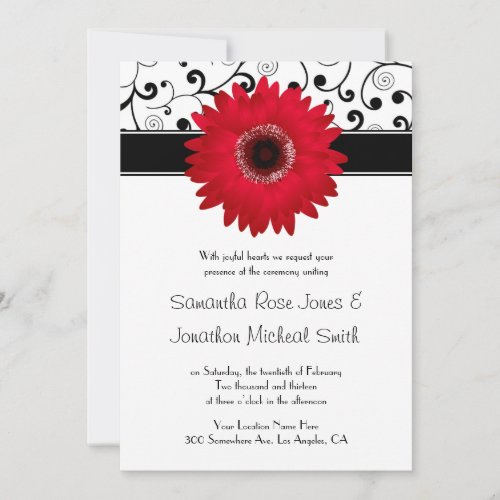 Red Gerbera Daisy with Black Scroll Design Wedding Personalized Announcements