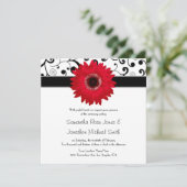 Red Gerbera Daisy with Black Scroll Design Wedding Invitation (Standing Front)