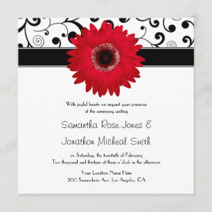 Red Gerbera Daisy with Black Scroll Design Wedding Invitation