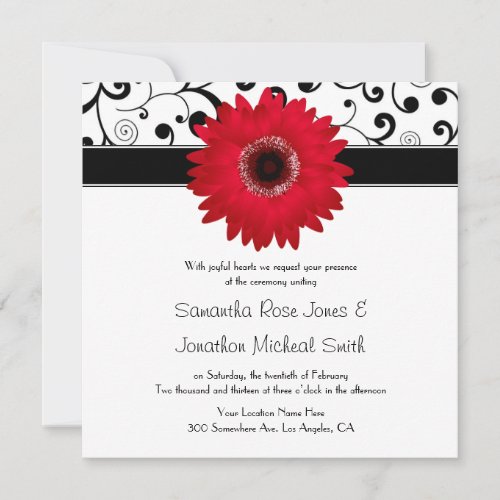 Red Gerbera Daisy with Black Scroll Design Wedding Invitation