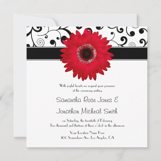 Red Gerbera Daisy with Black Scroll Design Wedding Invitation (Front)