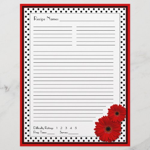 Red Gerbera Polka Dot Binder Recipe Inserts