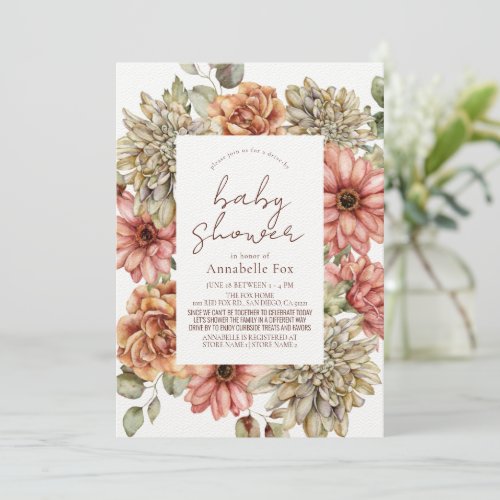 Red Gerbera  White Dahlia Drive_by Baby Shower Invitation