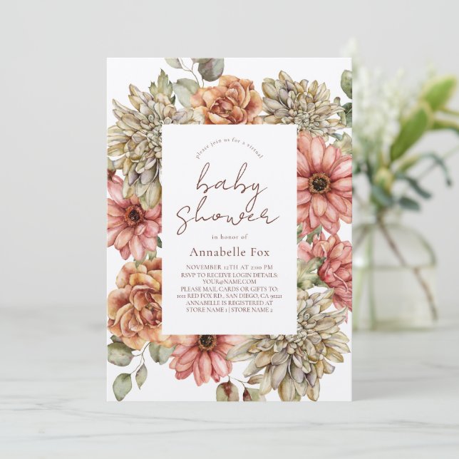 Red Gerbera & White Dahlia Virtual Baby Shower Invitation (Standing Front)