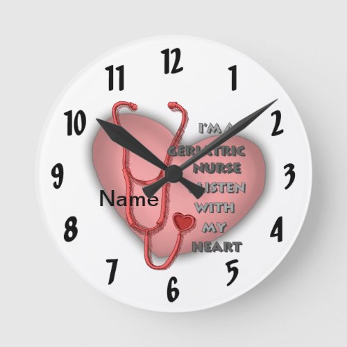 Red Geriatric Nurse Heart custom name Round Clock
