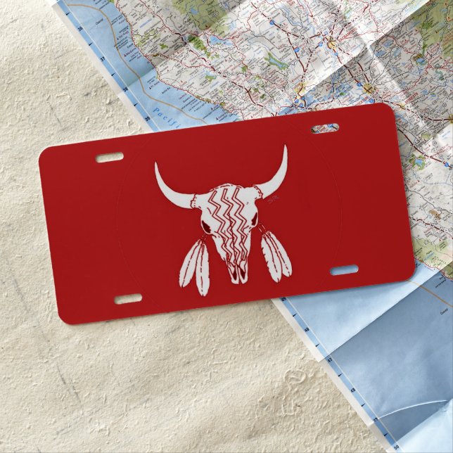 Red Ghost Dance Buffalo aluminum car license plate (In Situ)