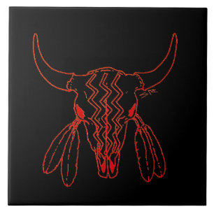 Red Ghost Dance Buffalo black large tile closeup