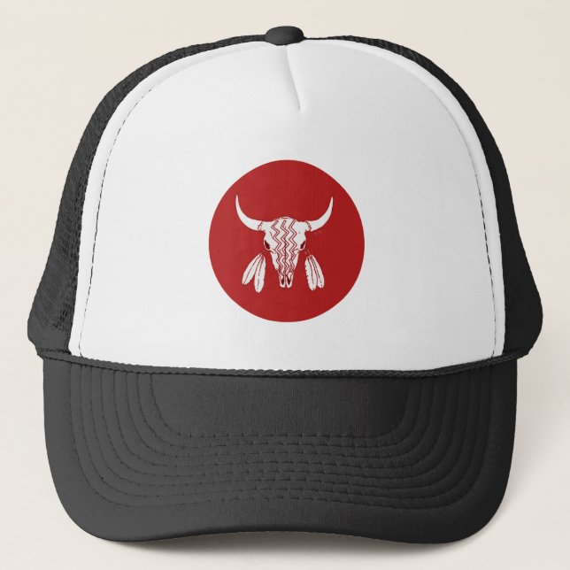 Red Ghost Dance Buffalo circle bw trucker hat (Front)
