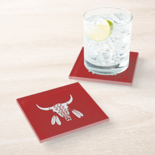 Red Ghost Dance Buffalo clear glass coaster