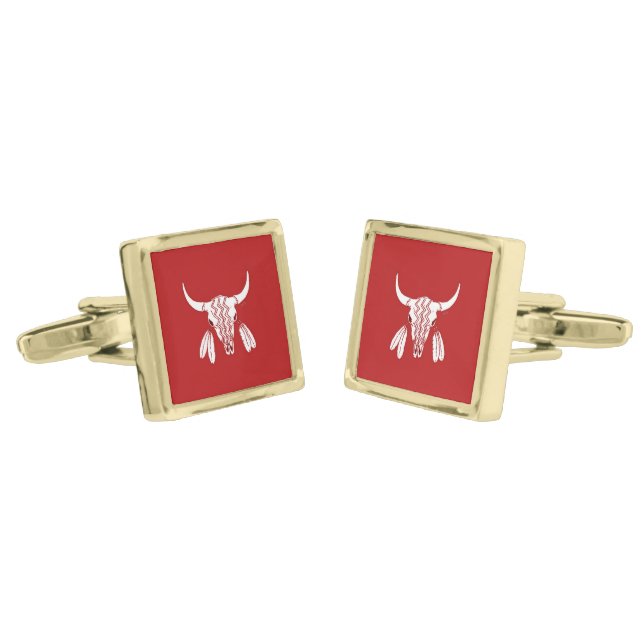 Red Ghost Dance Buffalo gold square cufflinks (Angled)