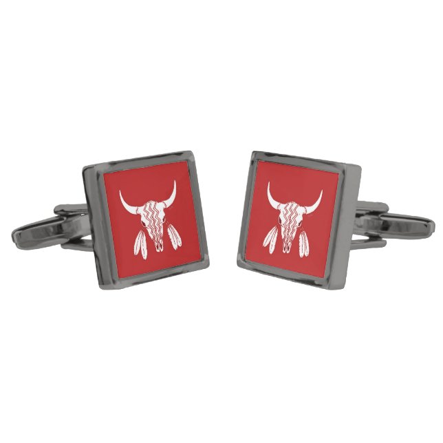 Red Ghost Dance Buffalo gunmetal square cufflinks (Angled)