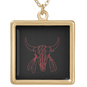 Red Ghost Dance Buffalo line bl gd plt sq necklace
