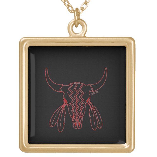 Red Ghost Dance Buffalo line bl gd plt sq necklace (Front)
