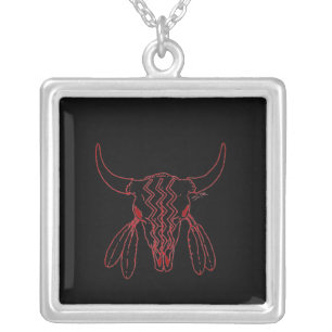 Red Ghost Dance Buffalo line bl slvr plt necklace
