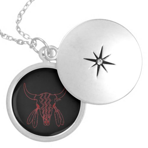 Red Ghost Dance Buffalo line blk silv plate locket