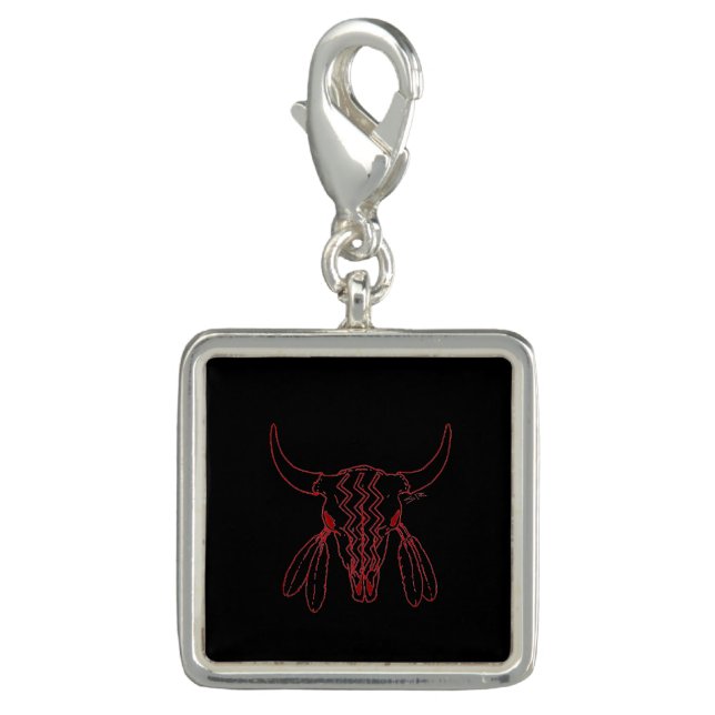 Red Ghost Dance Buffalo line blk sterling sq charm (Front)
