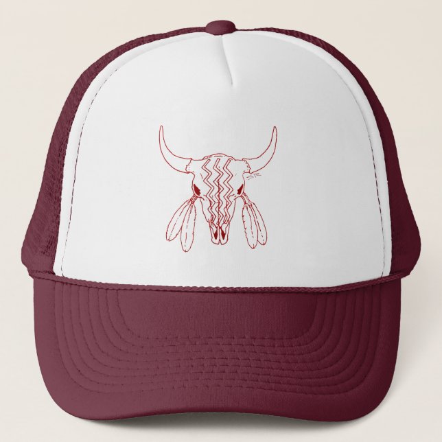 Red Ghost Dance Buffalo line maroon trucker hat (Front)