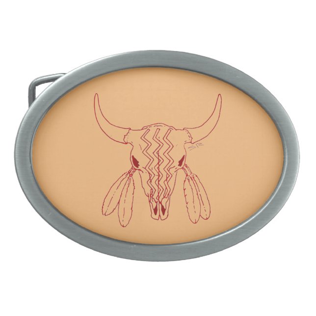 Red Ghost Dance Buffalo line tan oval belt buckle (Front)