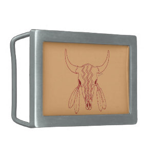 Red Ghost Dance Buffalo line tan rect belt buckle