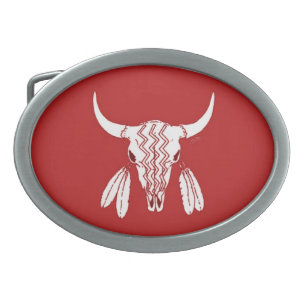 Red Ghost Dance Buffalo oval silver belt buckle