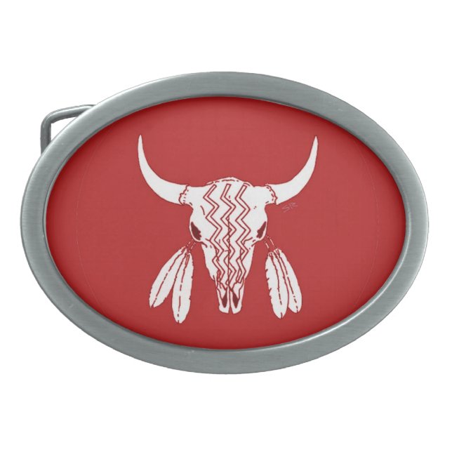 Red Ghost Dance Buffalo oval silver belt buckle (Front)