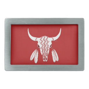 Red Ghost Dance Buffalo rect silver belt buckle