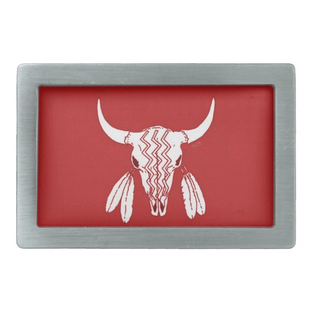 Red Ghost Dance Buffalo rect silver belt buckle (Front)