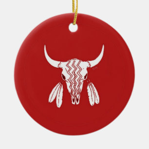 Red Ghost Dance Buffalo round ceramic ornament