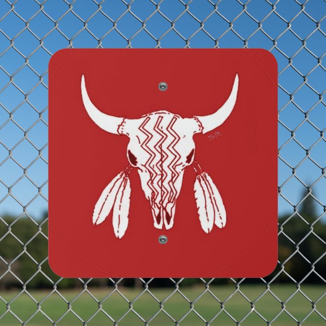 Red Ghost Dance Buffalo square metal sign (In Situ(Fence))