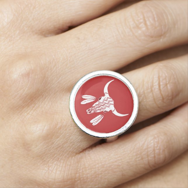 Red Ghost Dance Buffalo sterling silver ring (In Situ)