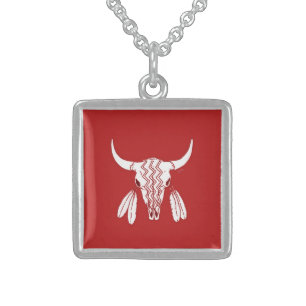 Red Ghost Dance Buffalo sterling square necklace