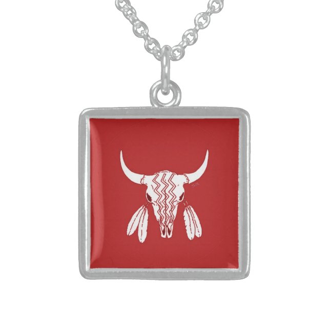Red Ghost Dance Buffalo sterling square necklace (Front)