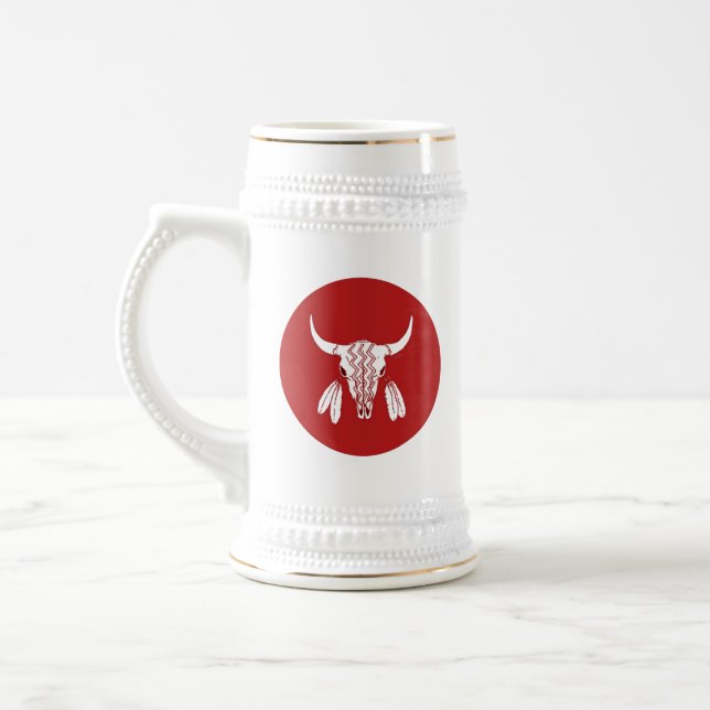 Red Ghost Dance Buffalo white stein w gold trim (Left)