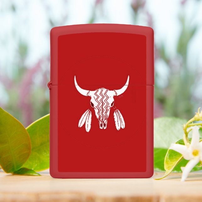 Red Ghost Dance Buffalo Zippo red lighter (On Table)