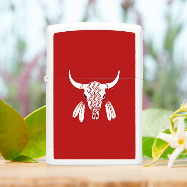Red Ghost Dance Buffalo Zippo red white lighter (On Table)