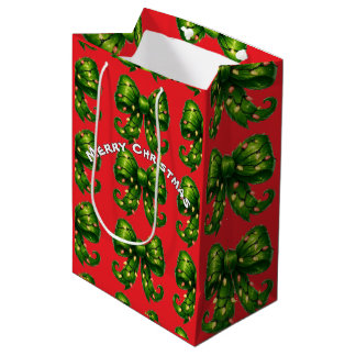Red Gift Bag with Green Christmas Bow Pattern