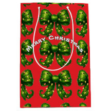 Red Gift Bag with Green Christmas Bow Pattern