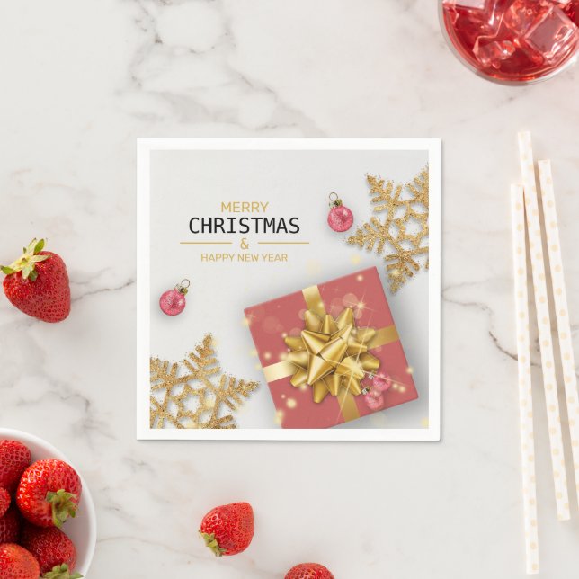 Red Gift Box Christmas Balls Gold Snowflakes Napkins (Insitu)