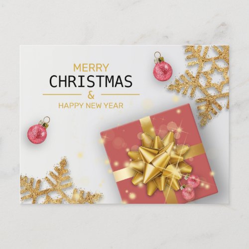Red Gift Box Gold Snowflakes Christmas Balls Holiday Postcard