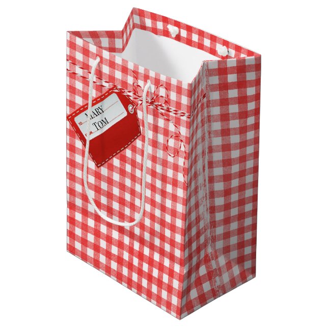 Red Gift Tag On Gingham Medium Gift Bag (Front Angled)