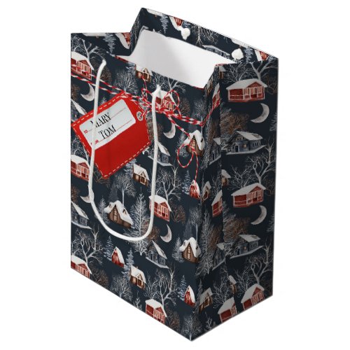Red Gift Tag On Winter Cabin Design Medium Gift Bag