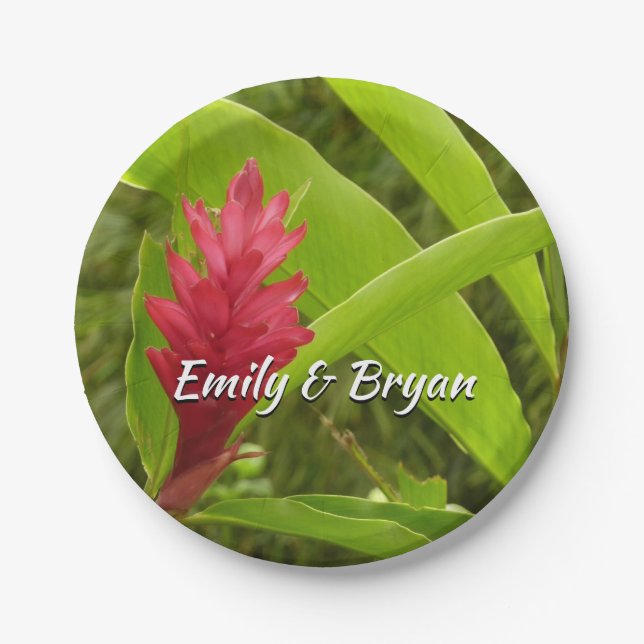 Red Ginger Flower (Alpinia) Tropical Paper Plates (Front)