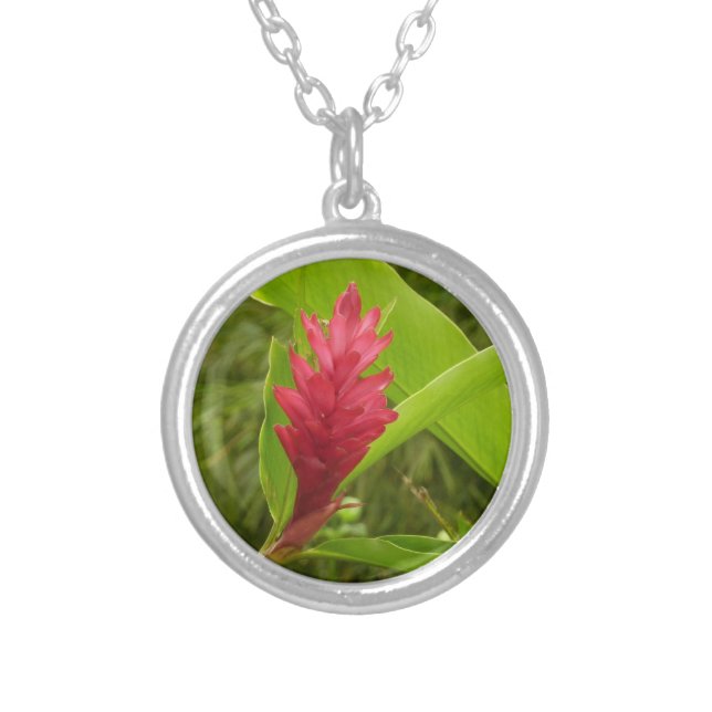 Red Ginger Flower (Alpinia) Tropical Silver Plated Necklace (Front)