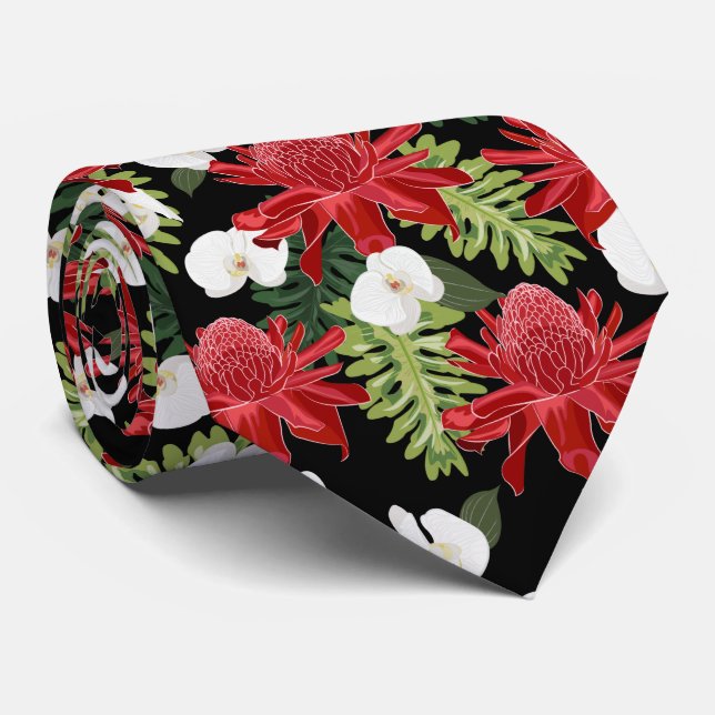 Red Ginger Tropical Orchids Black Neck Tie (Rolled)