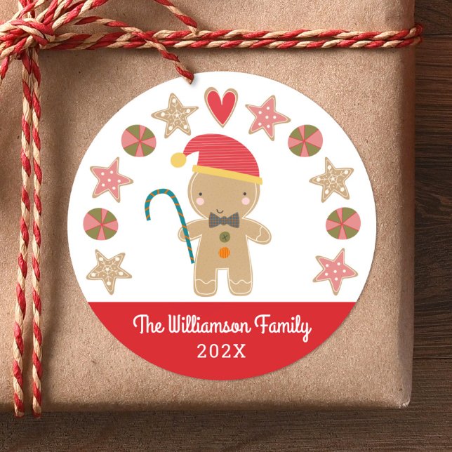 Red Gingerbread Boy Name Christmas Holiday Cookie Classic Round Sticker (Creator Uploaded)