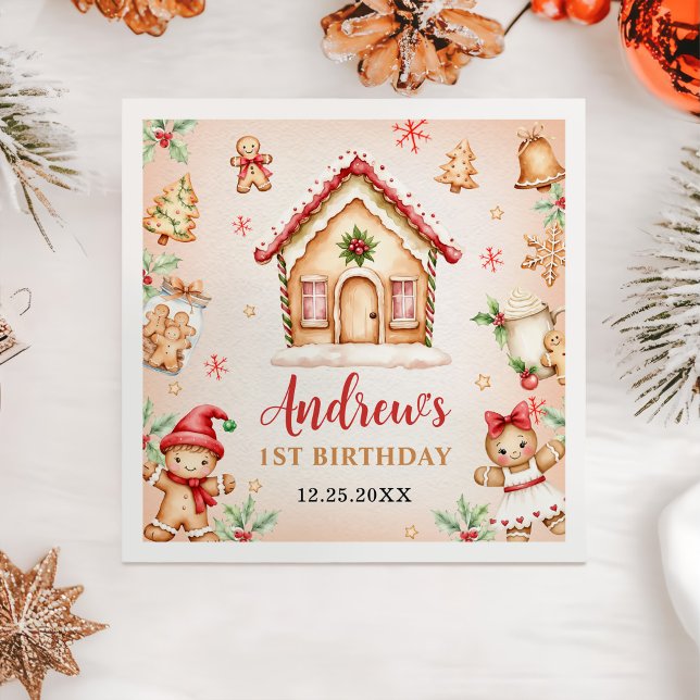 Red Gingerbread House 1st Birthday Party Napkins (Creator Uploaded)