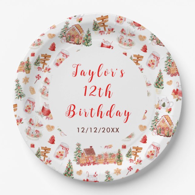 Red Gingerbread House Birthday Party Paper Plates (Front)
