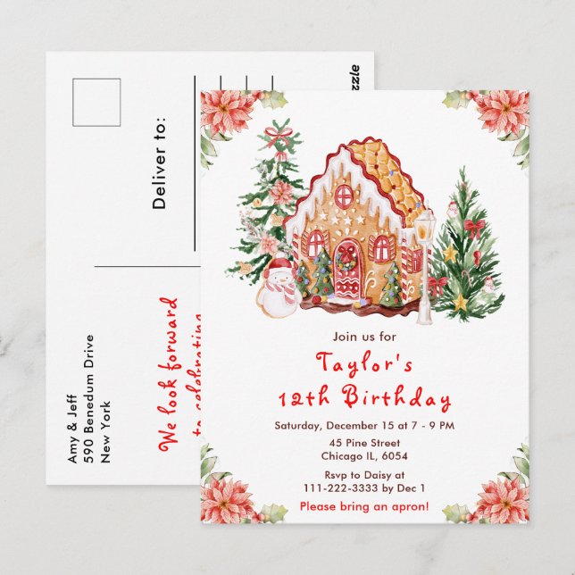 Red Gingerbread House Birthday Party Postcard (Front/Back)