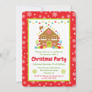 Red Gingerbread House Christmas Party Invitation