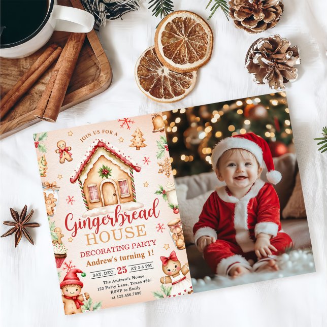 Red Gingerbread House Decorating Birthday Photo Invitation (Creator Uploaded)